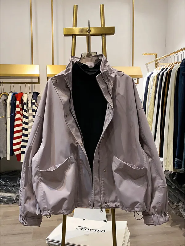 Casual Commuter Style Windproof Short Jacket Stand Collar Drawstring Button Outerwear Loose Fit Spring Autumn New Arrival