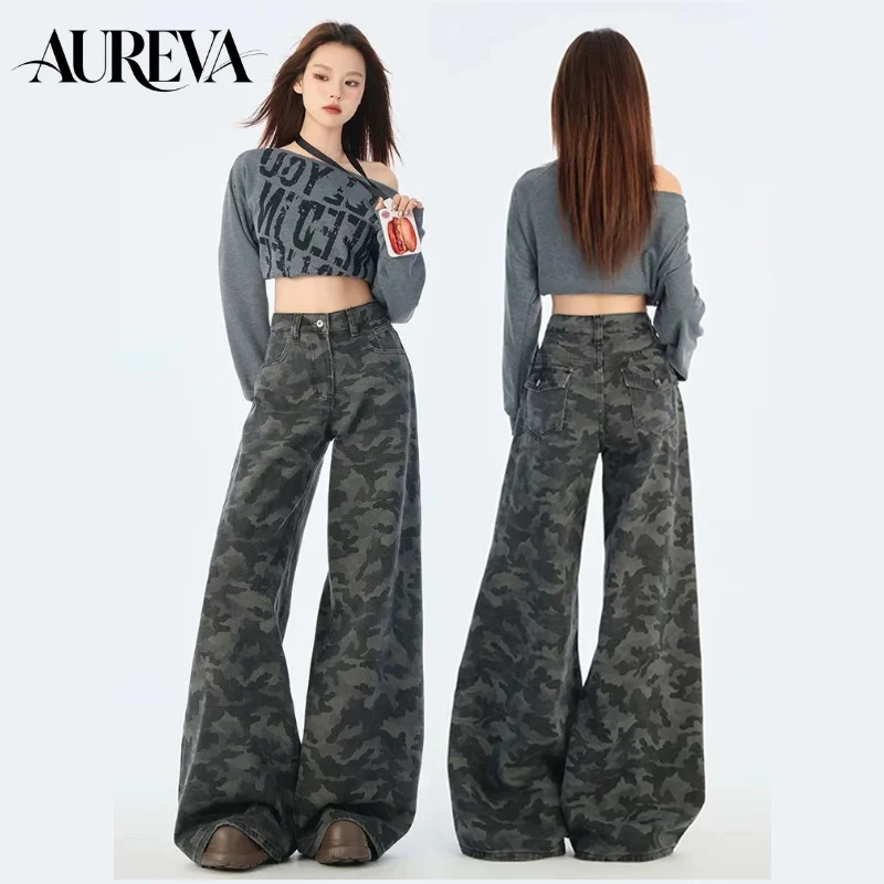 Ladies Camouflage Cargo Jeans Loose Wide Leg Camo Denim Trousers Petite Size American Streetwear for Women