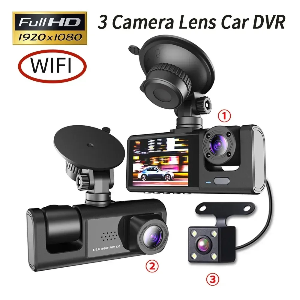 3 Channel Car DVR HD WIFI 3-Lens Inside Vehicle Dash CamThree Way Camera DVRs Recorder Video Registrator Dashcam Camcorder