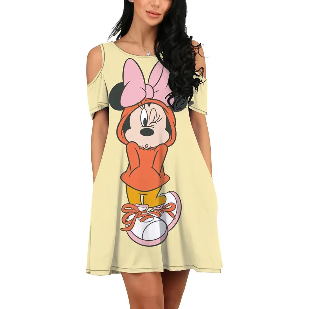 

Cute Minnie Summer Harajuku Streetwear Disney New Ladies Casual O Neck 3D Print Sexy Off Shoulder Dress 2022