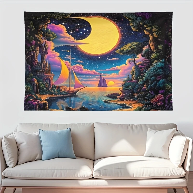 Tapiz Crescent Voya para colgar en la pared, paisaje marino nocturno con luna creciente, veleros, paleta de colores dorado, rosa púrpura, grande