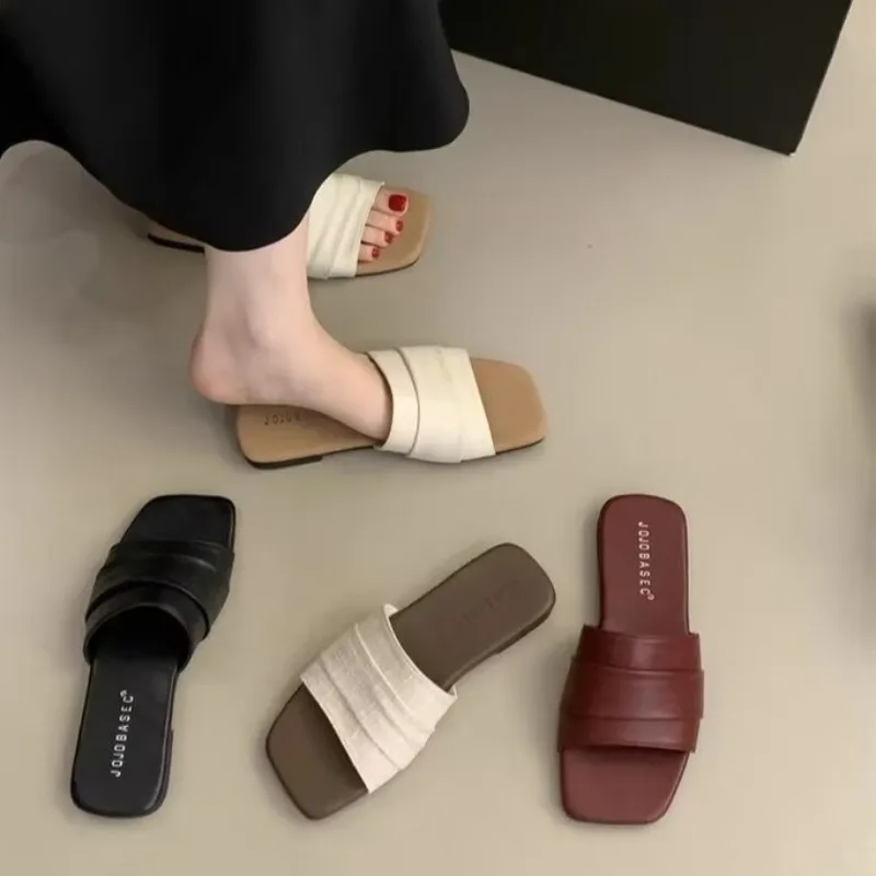 Summer Fashion Slippers for Women Flip Flops Flats New Pleated Korean Slippers Women Sandals Green Slip on Shoes