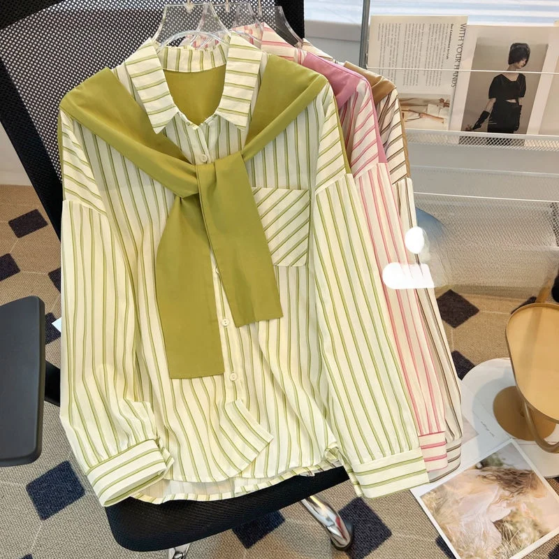 

Женская свободная блузка с длинным рукавом, весенняя мода 2025, новинка, с подплечниками, в полоску, имитация двухслойности, с воротником-стойкой
