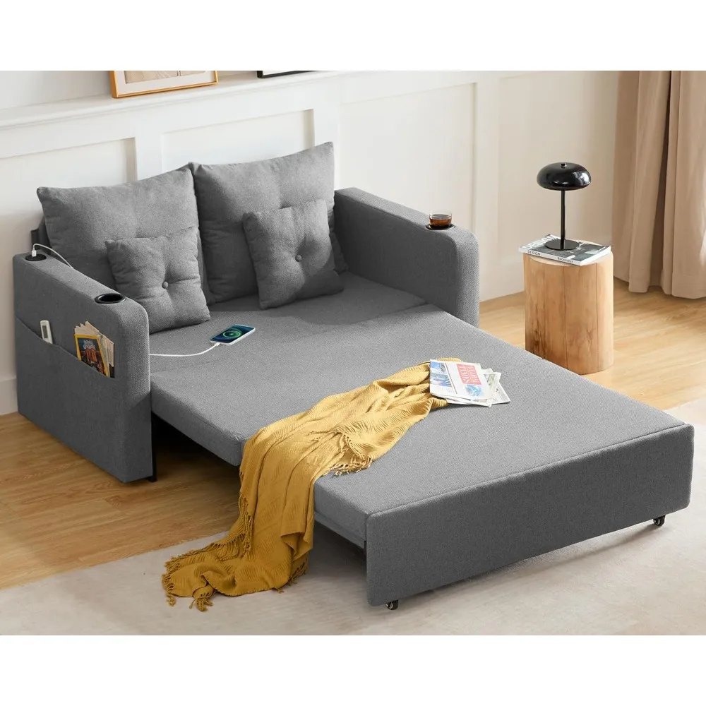 

3 in 1 convertible sofa bed, 56" full size loveseat sleeper sofa couch bed, sleeper sofa bed with storage pocket