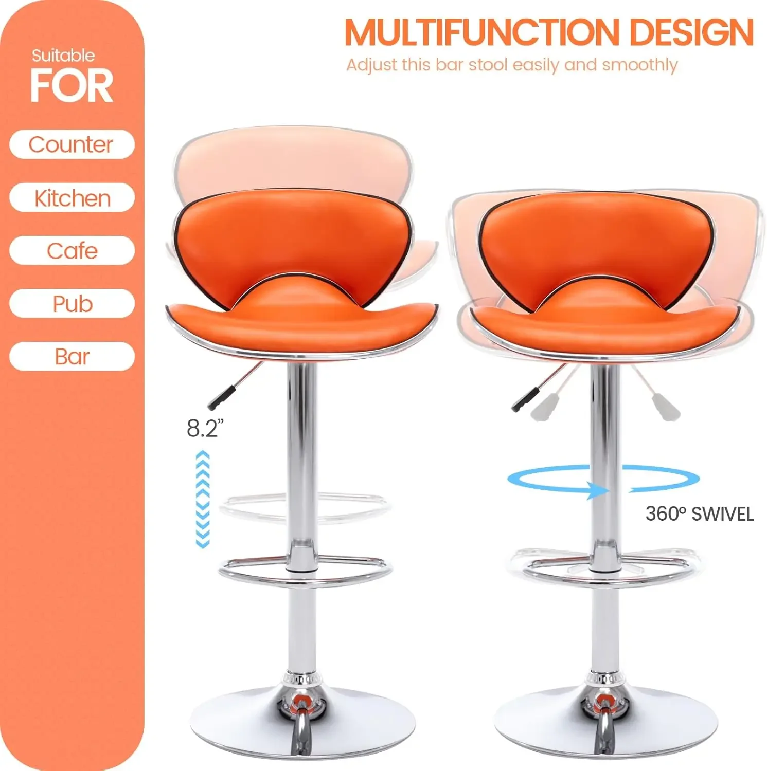 Furniture Direct PU Leather Adjustable Bar Stools, Modern Swivel Airlift Barstools with Back, Armless Counter Height Chair