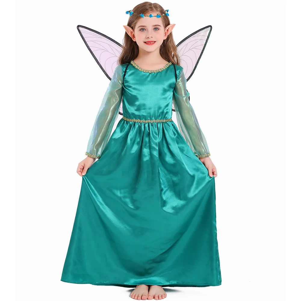 Girl Green Elf Cosplay Dresses Wings Headwear Ears 4Pcs Set Halloween Flower Fairy Princese Cosplay Costume Long Sleeves Dress