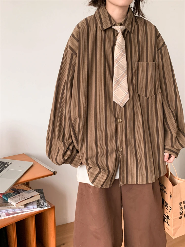 

Retro Corduroy Long Sleeve Shirt Men's Loose Fit Autumn Winter Fashion Brand Couple's Striped Mural Coat Casual Shirt