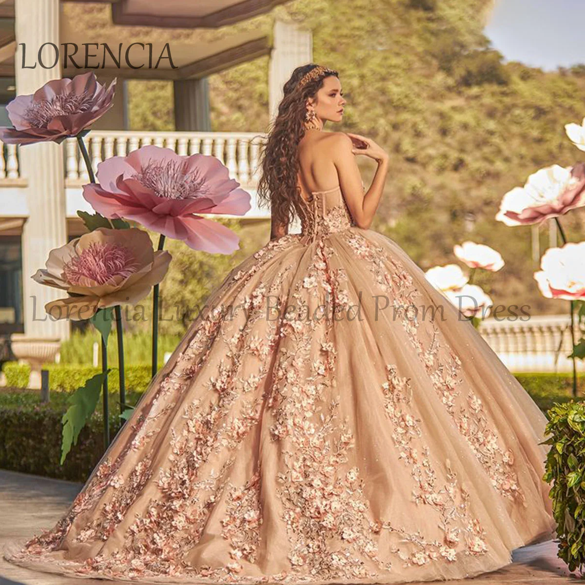 Quincenara-Robe mexicaine à dos ouvert avec perles, appliques de fleurs 3D, fibre de tulle, robe de Rhdouce, 15, 16 ans, 2024