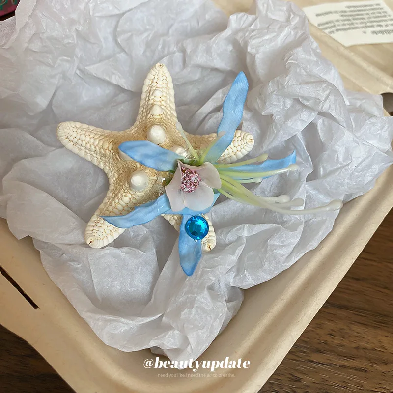 -مشبك شعر على شكل زهرة نجم البحر من القماش المرصع على شكل عطلة الشاطئ، صورة للسفر، إكسسوار شعر متعدد الاستخدامات