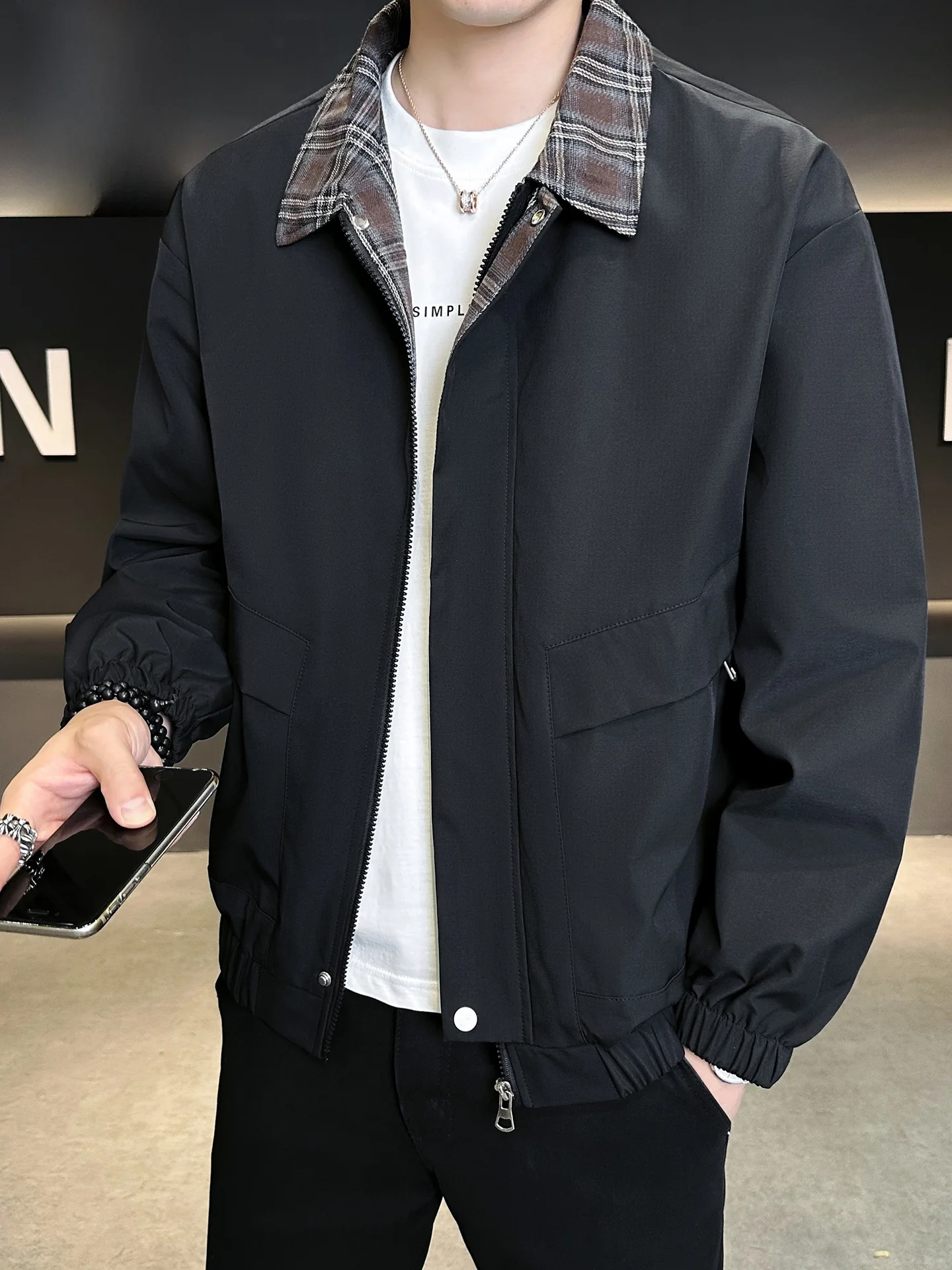 

TUCANO Wooden Du Casual Plaid Patchwork Collar Jaet Men's Faion Spring Outerwear Polyester Stand Fit Long Sve