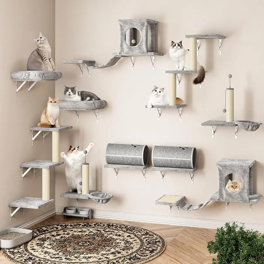 

14-in-1 Cat Wall Shelves, Wall Mounted Cat Climber Set with House, Tunnel, Bridge, Steps, Scratcher, DIY Playground for Indoor K
