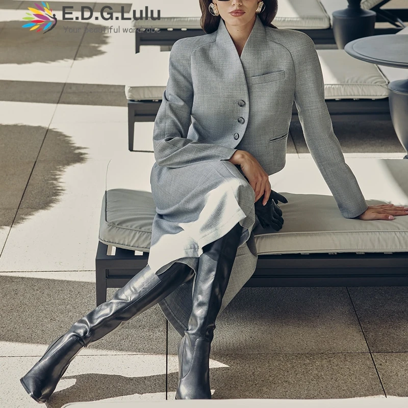 EDGLuLu Женский комплект из двух предметов с воротником-стойкой, однобортный короткий топ + длинная юбка с высокой талией, серый костюм, шикарный женский наряд 1026
