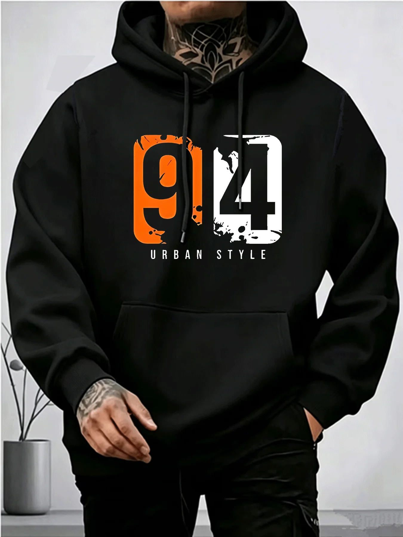 Y2K Distressed Style Number 94 Print Men's Hooded Sweatshirt, Trendy and Individualistic Street Style Casual Top for Teenagers