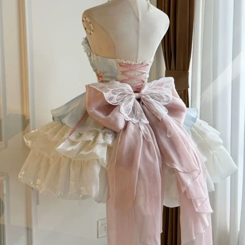 Süßes Lolita-Kleid mit Hals, flauschigem Rock, Damen-Fliege, Band-Kleider, Prinzessin, Patchwork, Kuchen, Vestidos, Sommer, 2025, heißer Verkauf