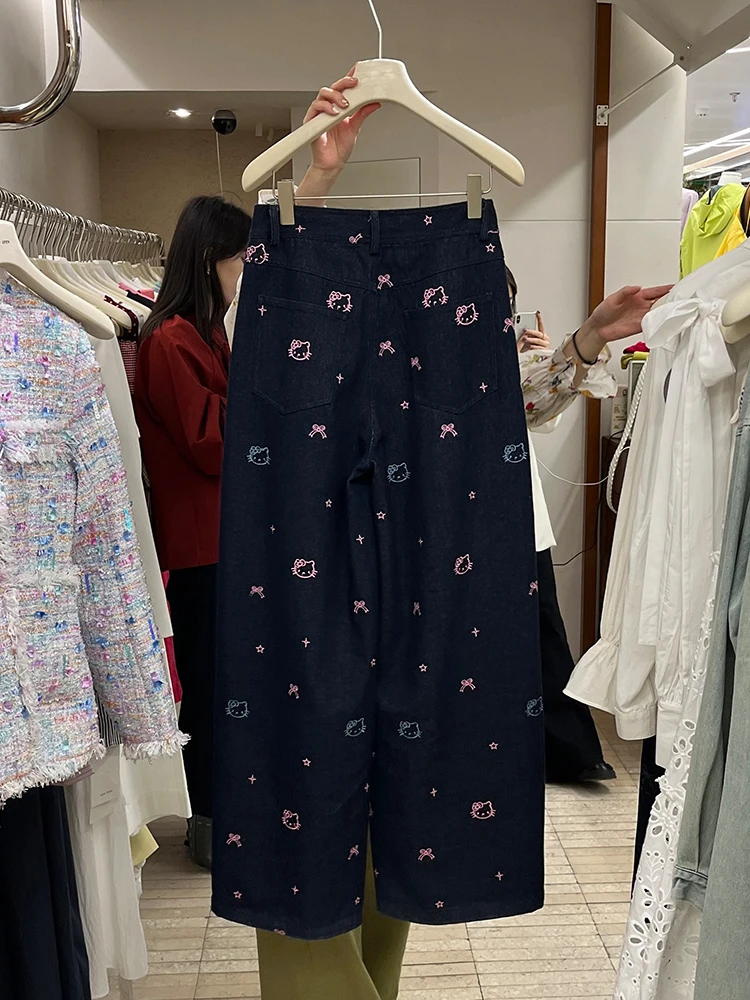 Retro Knoten Design Breite Bein Bodenlangen Jeans frauen Herbst Winter Neue Cartoon Stickerei Denim Hosen Niedrige Taille zi...