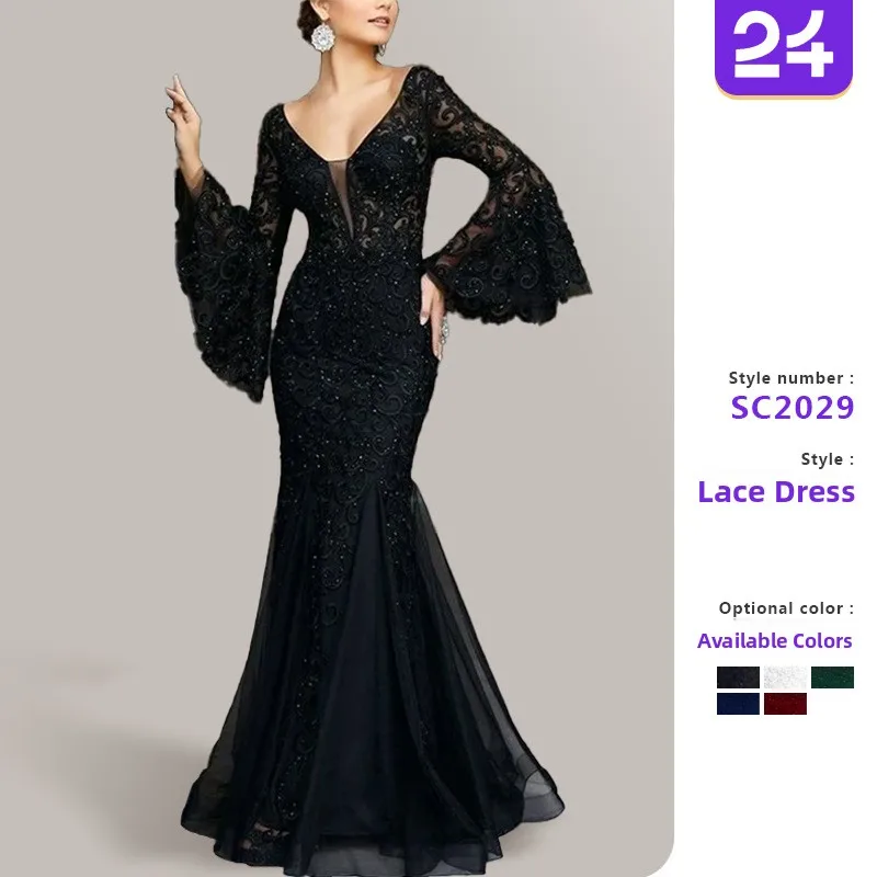 

Bla Lace Embroidery Slim Fit Evening Dr Fi Tail Women's Dr Cross-Border New Sle Long Sve Midi Skirt Polyester ...