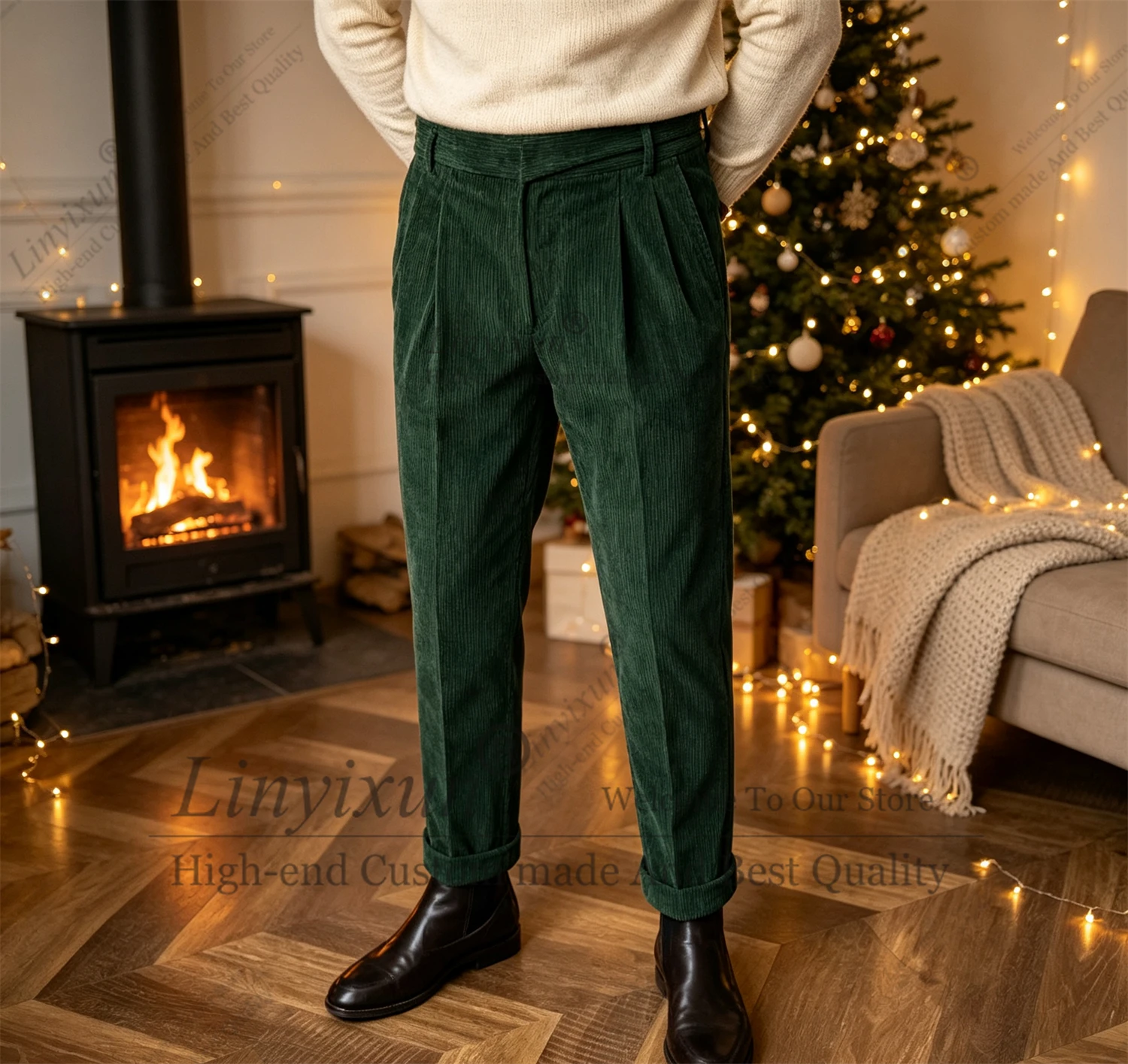 Italian Vintage Suit Pants For Men Autumn Winter corduroy Pattern Straight Trousers British Style Business Casual Customized