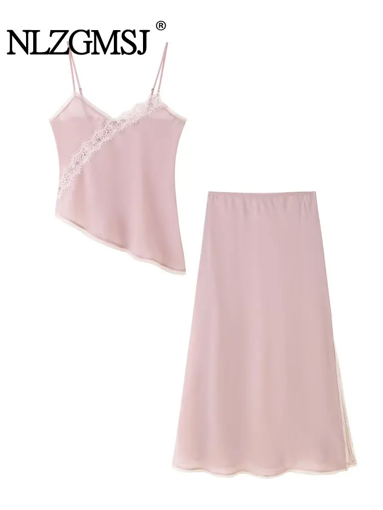 

NLZGMSJ Casual Women Solid Lace Suit Cami Lace Short Top Loose Long Straight Skirt New Fashion 2025 Holiday Set