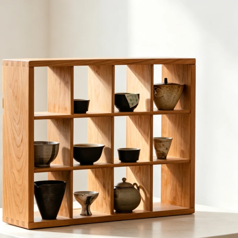 Solid Wood Compartment Display Shelf Desktop and Wall‑Mounted Teacup Organizer Tea Room Coffee Cup Wooden Storage Rack