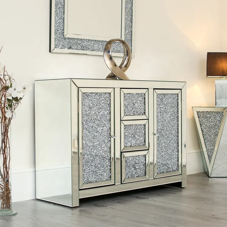 Living Room Bedroom Furniture Sparkly Crushed Diamond Mirrored Sideboard