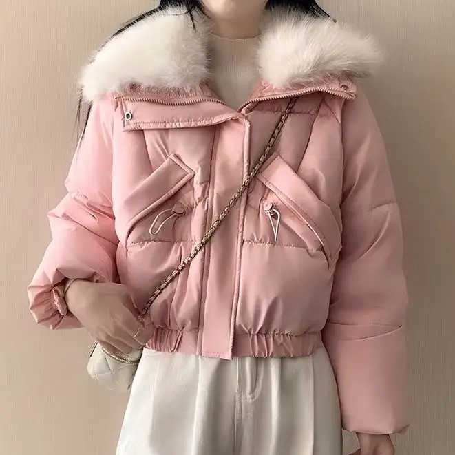 2026 New Winter Chic Women's Padded Parkas Jacket Thick Warm Detachable Fur Collar Elastic Hem Lady Casual Outwear Coat