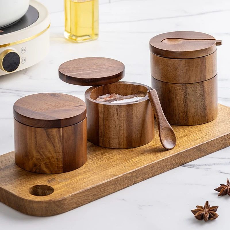 Wooden Salt Cellar with Spoon Kitchen Salt Box Pepper Jar with Swivel Closure Lid Round Container To Condiment Spice Container