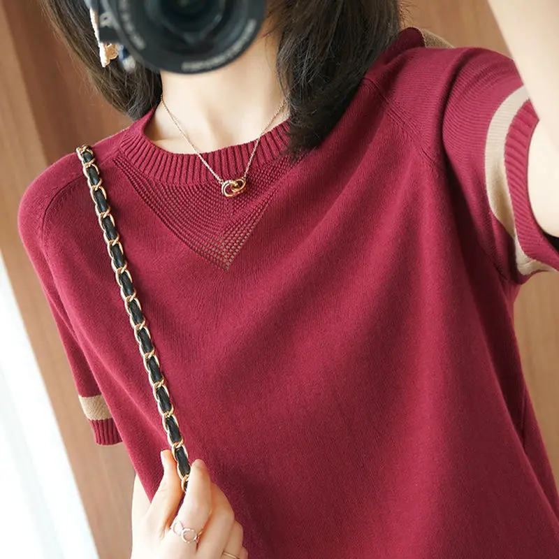 Summer Women Vintage Striped T-Shirt Korean All-match Hollow Out Fashion Short Sleeve O-Neck Loose Casual Knitted Pullover Tops