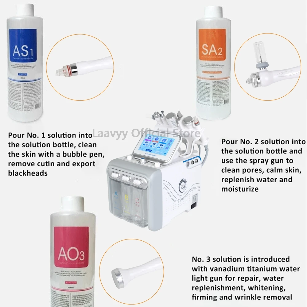 H2O2 Hydrogen Oxygen Small Bubble Water Dermabrasion Beauty Machine with 3pcs/Lot 1200ML Hydra Liquid Face Serum Aqua Solution