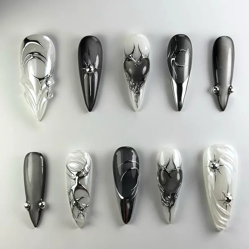 

24PCS Almond False Nails Gothic Punk Press on Nails Red Black Gradient with Metallic Silver Bat Spider Design Halloween Nails