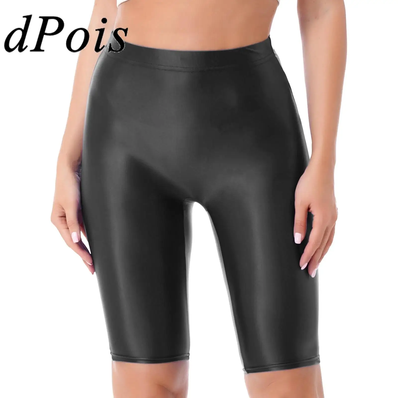 

Womens Swim Shorts Glossy High Waist Shorts Elastic Waistband Short Pants Swimwear for Woman Gymnastics Workout Sports Bottoms