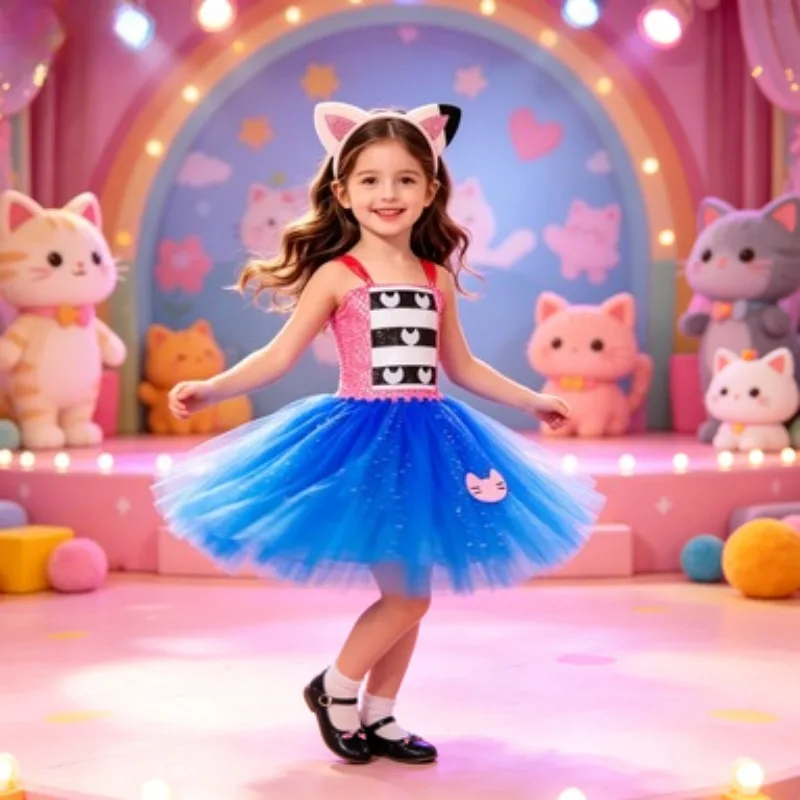 New Cute Cartoon Cat Style Tutu Dress for Girls, Glitter Tulle Design Kids Holiday Carnival Party Dress Up Outfit