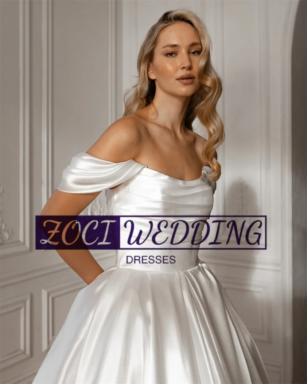 Zoci Luxury Off Shoulder Wedding Dresses Customized Pleat Strapless Tea Length Bride Dress Princess Draped Backless Bridal Gown