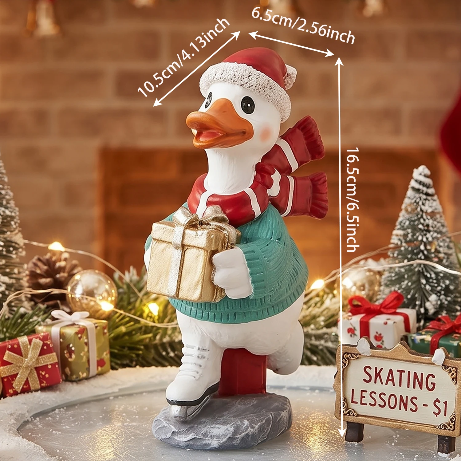 Skating Christmas Duck Resin Figurine, Santa Duck Statue With Gift Box, Winter Tabletop Home Decoration