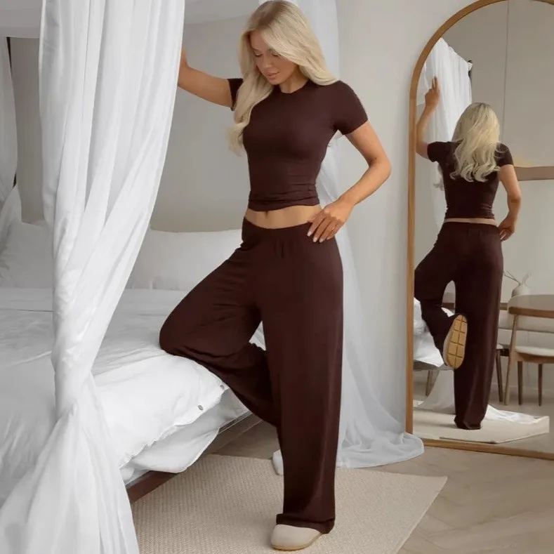 Short Sleeve Long Pant Set Full Length European and American Style with Three Quarter Sleeve Outdoor Loungewear for Women
