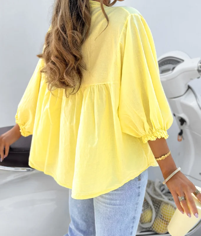 Korean Popular Clothes V-Neck Long Sleeved Button Up Pleated Shirt for Women Elegant Solid Color Lantern Sleeves Loose Shirt Top