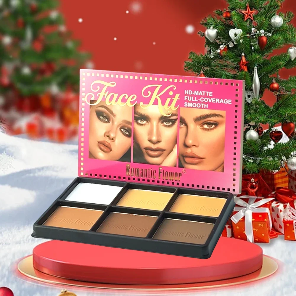 6色防水マットコンターパウダーパレット 2in1 コンター＆コンシーラー クリアな輪郭、均一な肌色、傷跡隠し