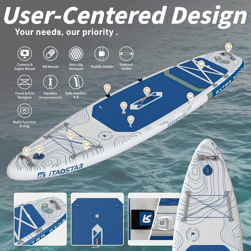 لوح مجداف عريض جدًا مقاس 12 × 35 بوصة/39 بوصة، ملحقات لوح SUP ممتازة وقفة واحدة، 5 زعانف مصممة، حامل ثابت قابل للنفخ