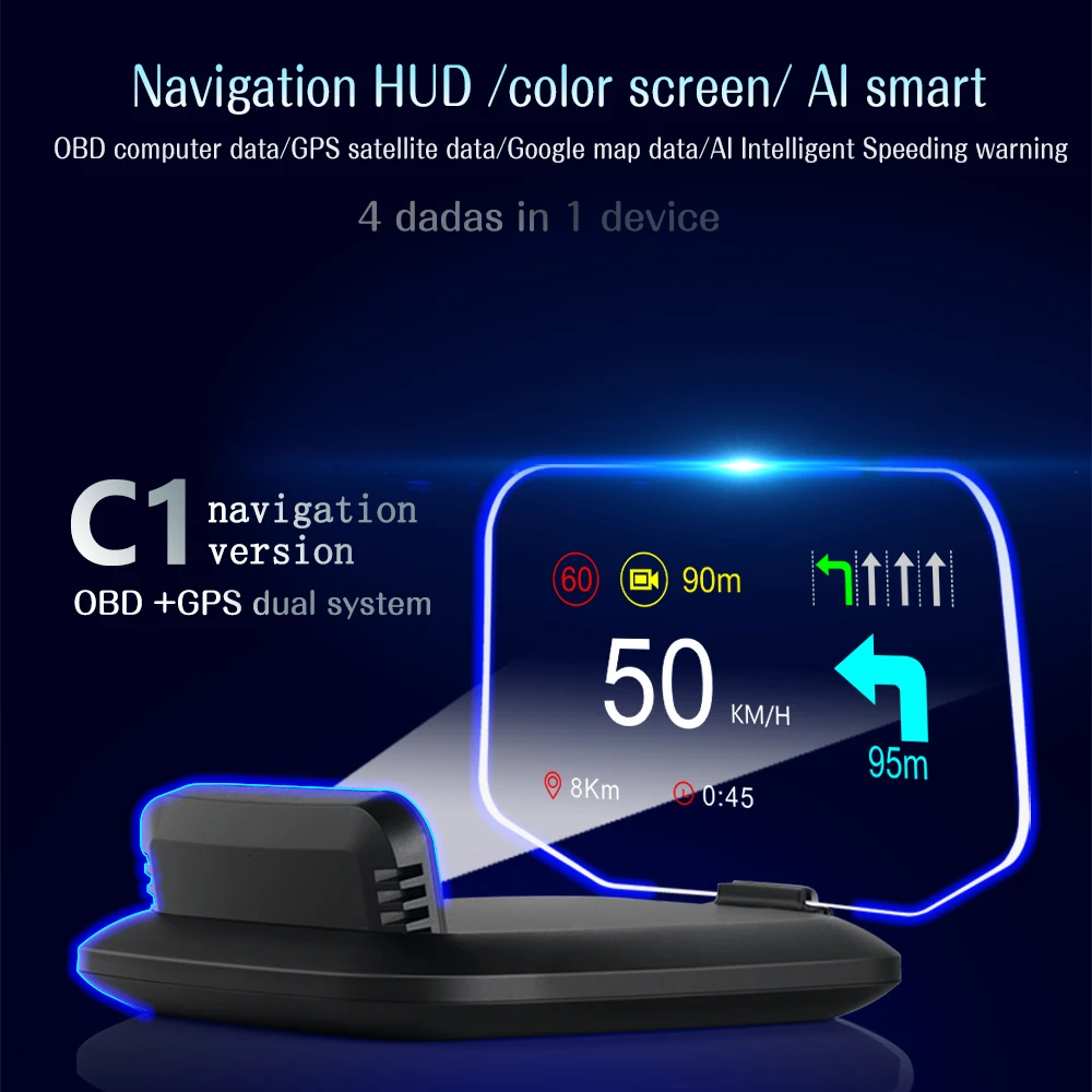 

C1 Navigation Version HUD Mirror Car Head Up Display Frontal HUD OBD2 GPS Dual Systems Speedometer Overspeed Warning RPM Alarm