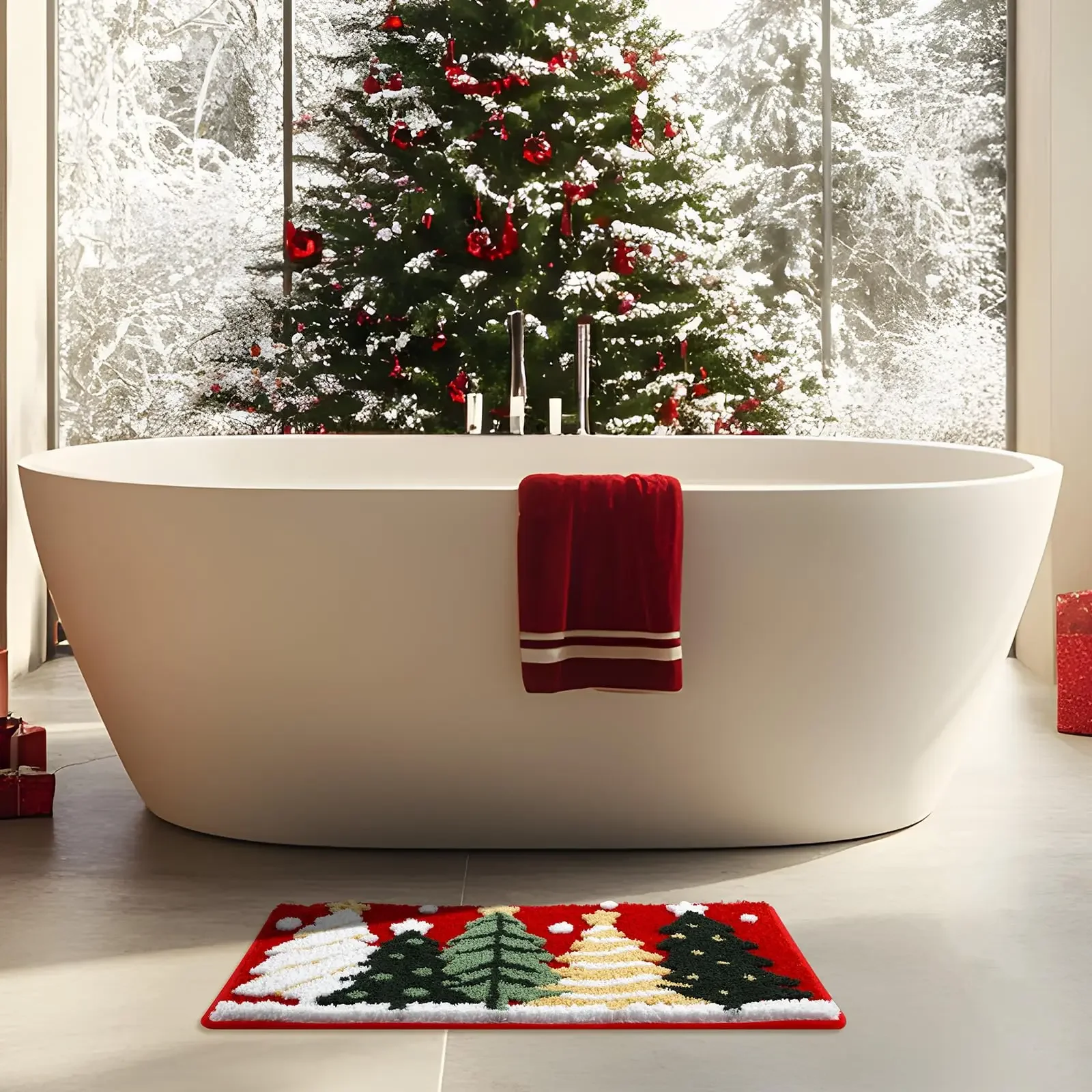 VIKAMA Christmas Tree Bathroom Rugs Winter Soft and Absorbent Xmas Snowflake Bath Mat Non Slip Washable Doormat Home Decoration
