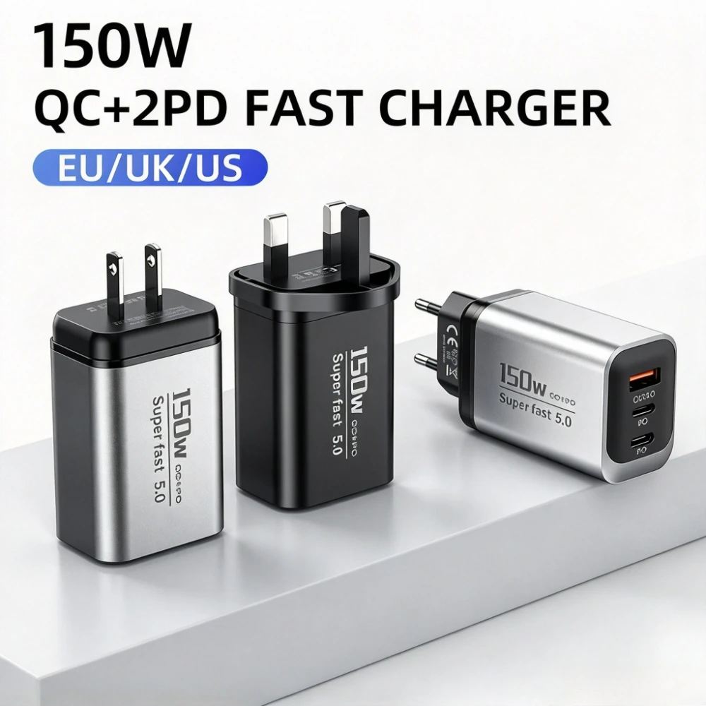 3 Ports Type C Fast Charger 150W QC5.0 Fast Charging Mobile Phone Power Adapter EU US Plug for iPhone 17 Samsung Xiaomi Huawei