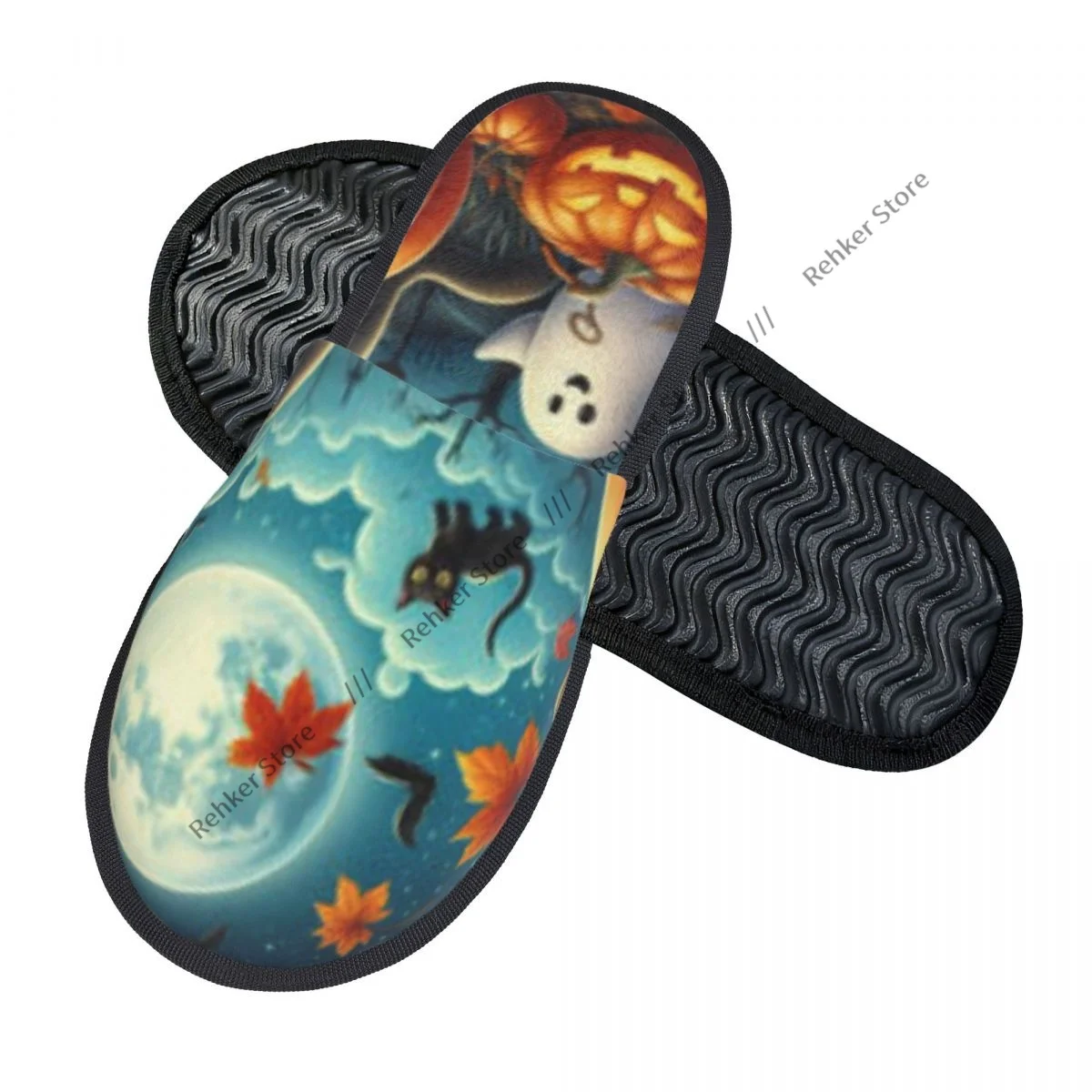 Winter Warm Women Men Plush Flat Indoor Slippers Halloween Pumpkins And Cat In The Forest Furry Home Non-slip Shoes
