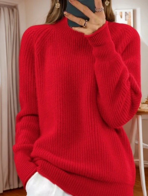 

Retro Women's Sweater Autumn Winter Fashion Thick Mock Neck Knitted Sweater Wool Pullover Solid Color Warm Loose Clothing