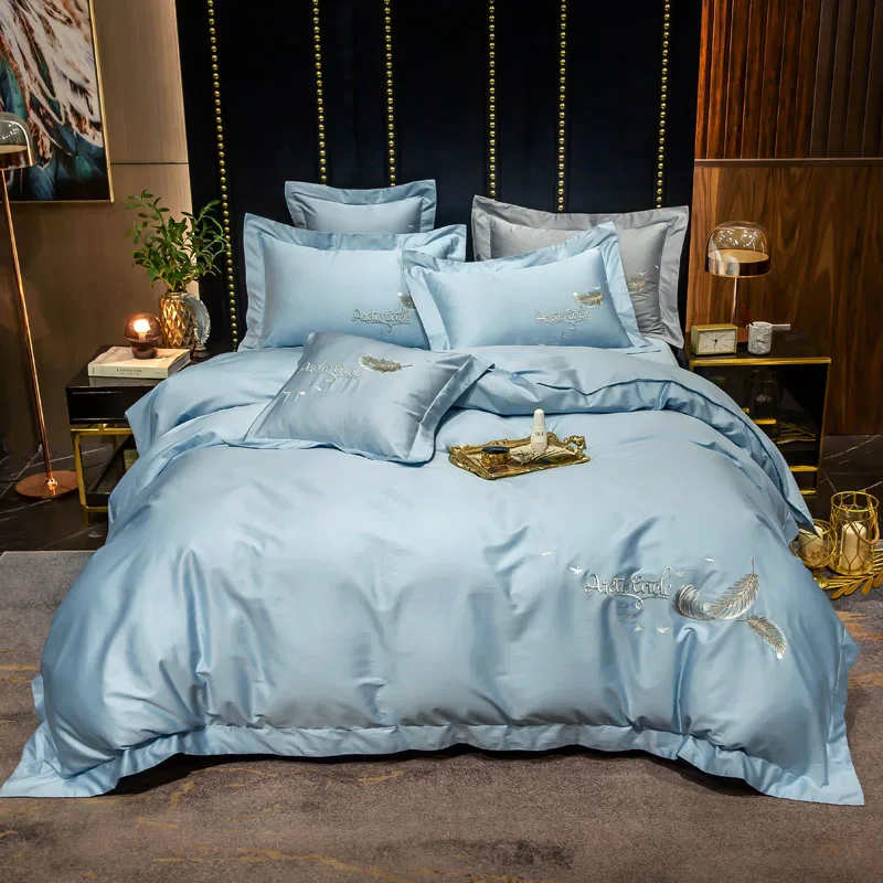 

Long-staple Cotton Embroidery Plain Color Four-piece Bed Linen Four Seasons Universal Luxury Style Bedding Peacock Blue Green