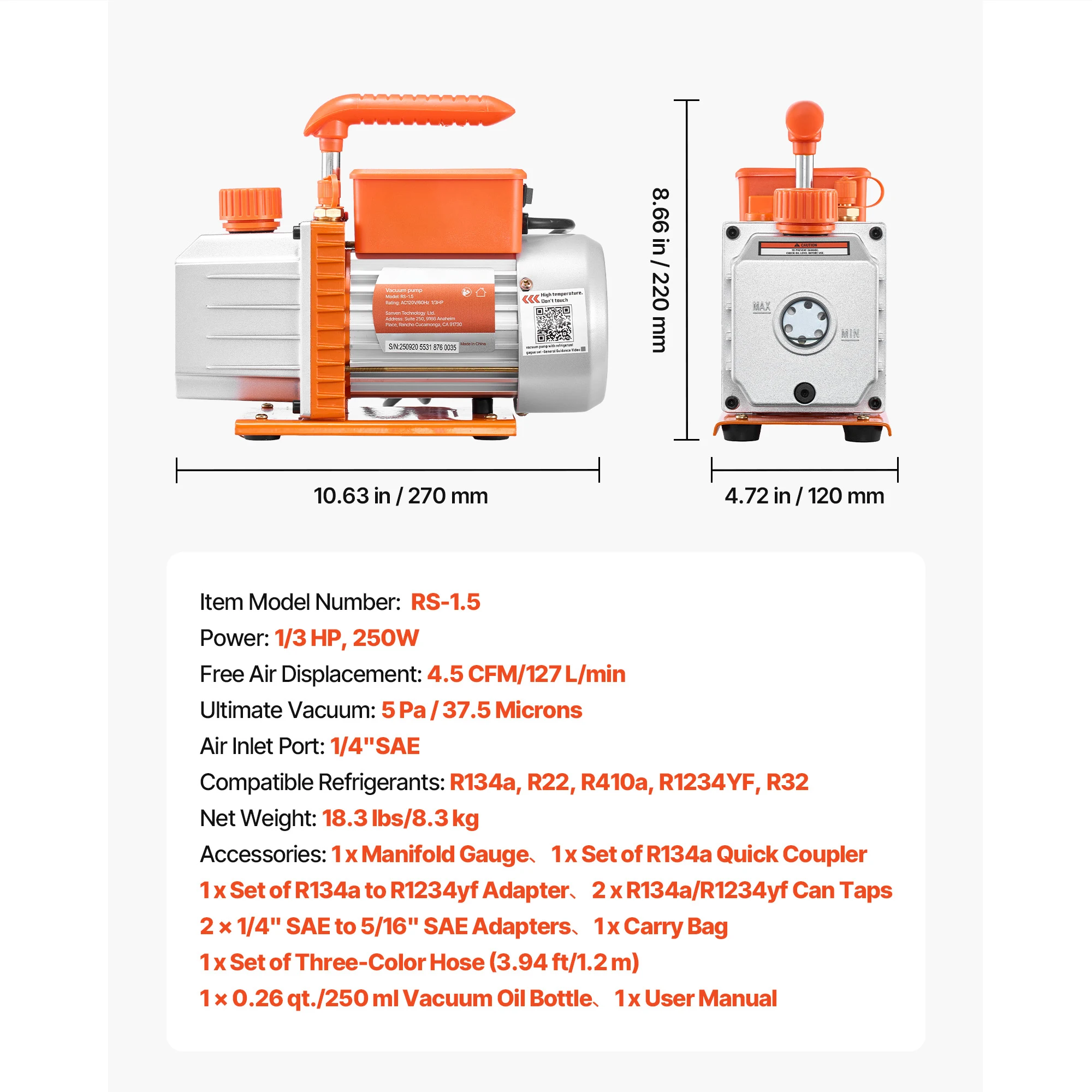 SucceBuy AC Vacuümpomp en Manometerset 3.5CFM 1/4PK / 4.5CFM 1/3PK Enkeltraps of 7CFM 3/4PK Tweetraps voor HVAC Airconditioning