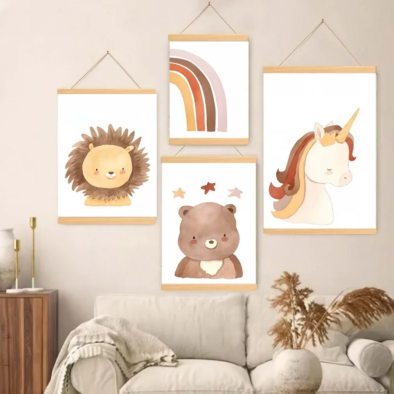 Solid Wood Hanger Kawaii Room Decor Boho Child Poster Unicorn Wall Art Nursery Rainbow Canvas Print Bear Wall Pictures Painting