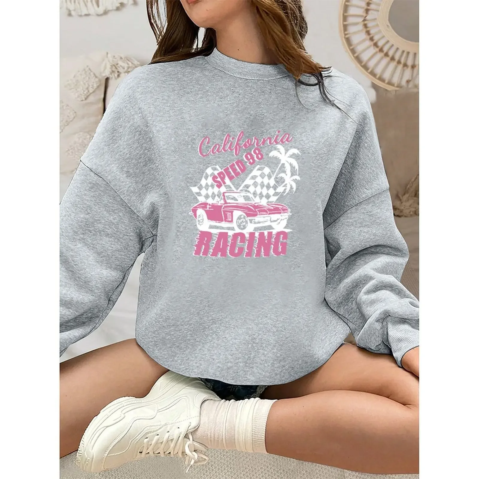 

Women's Long Sleeve Velvet Sweater Round Neck Printed Loose Fit Pullover Tops For Autumn Winter Casual Streetwear, Dark Blue
