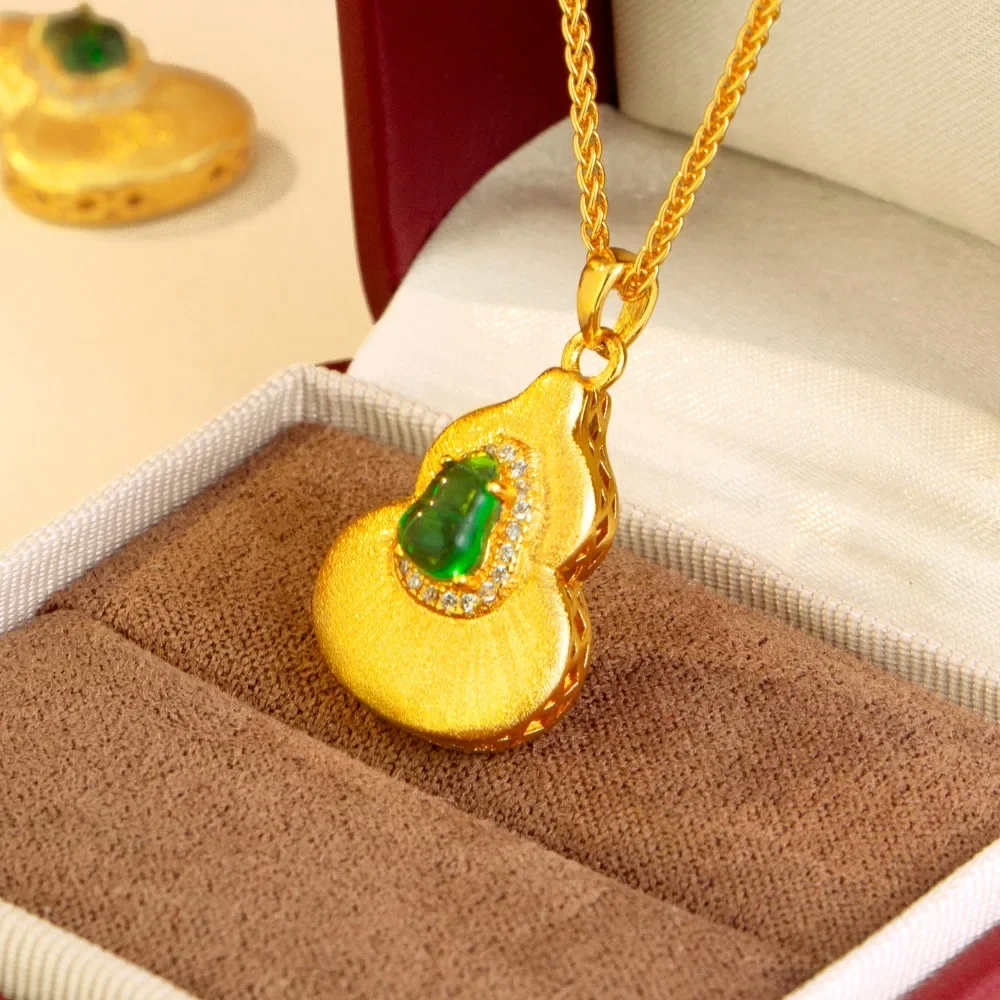 Draw wire point diamond calabash necklace women retro Chinese style Fulu collarbone chain 9999gold