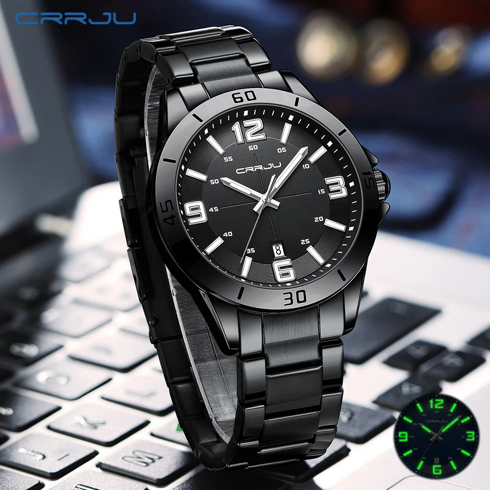 

CRRJU Mens Watches Luxury Fashion Stainless Steel Band Business Quartz Wristwatches Luminous Hands Clock relogio masculino