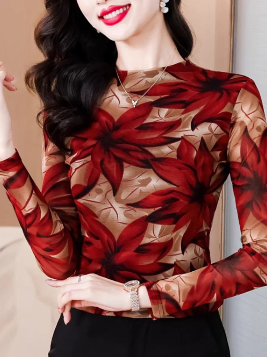 T-shirty damskie cienka elastyczna siateczka półgolf T Shirt damski obcisły Tee Shirt eleganckie topy jesień wiosna 2024