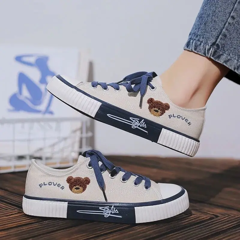 

Little Bear Canvas Shoes for Women 2023Spring Student Port Style Board Shoes Versatile Little White Shoes Platform Sneakers